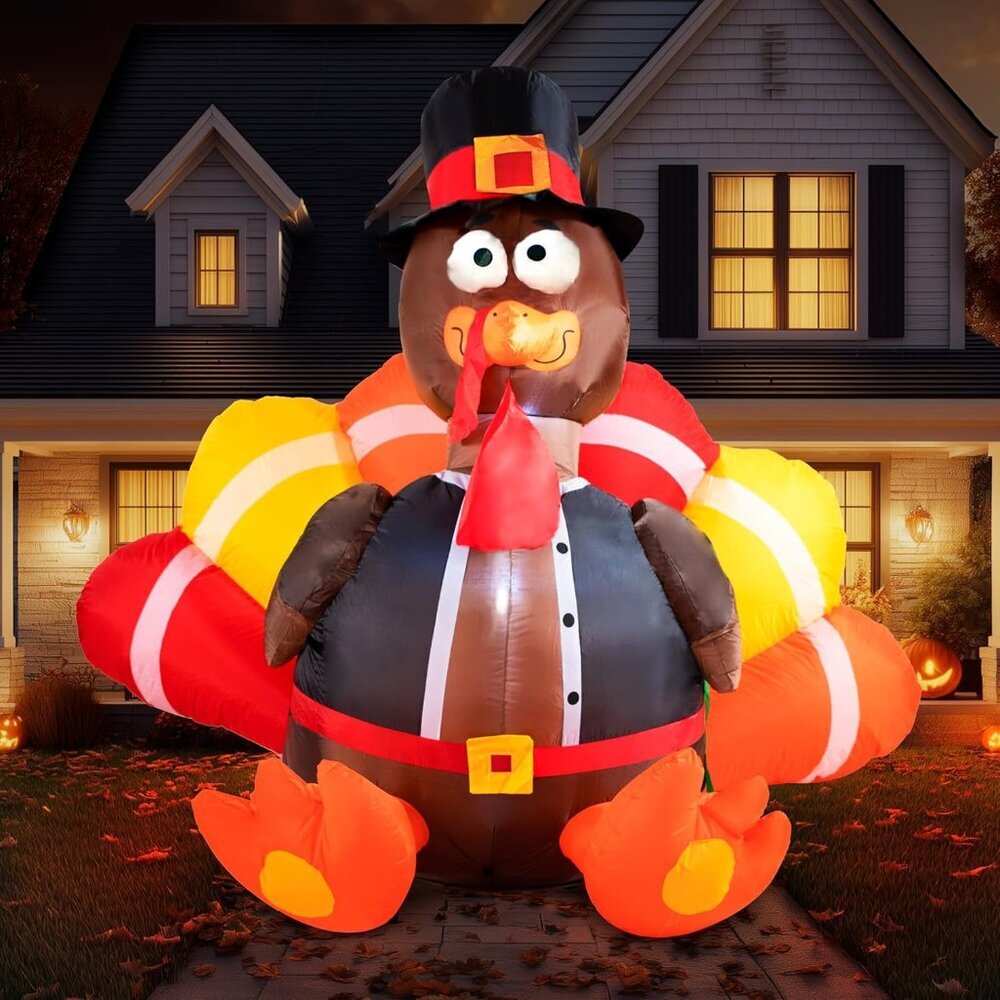 6 FT Thanksgiving Inflatable Turkey Decorations, LED Light Up Turkey with Pilgri